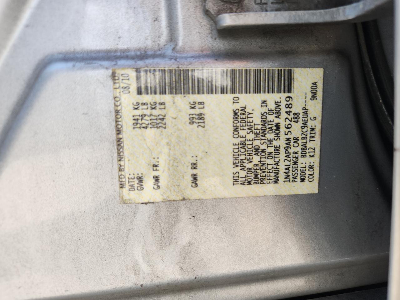 2010 Nissan Altima Base VIN: 1N4AL2AP9AN562489 Lot: 64978445
