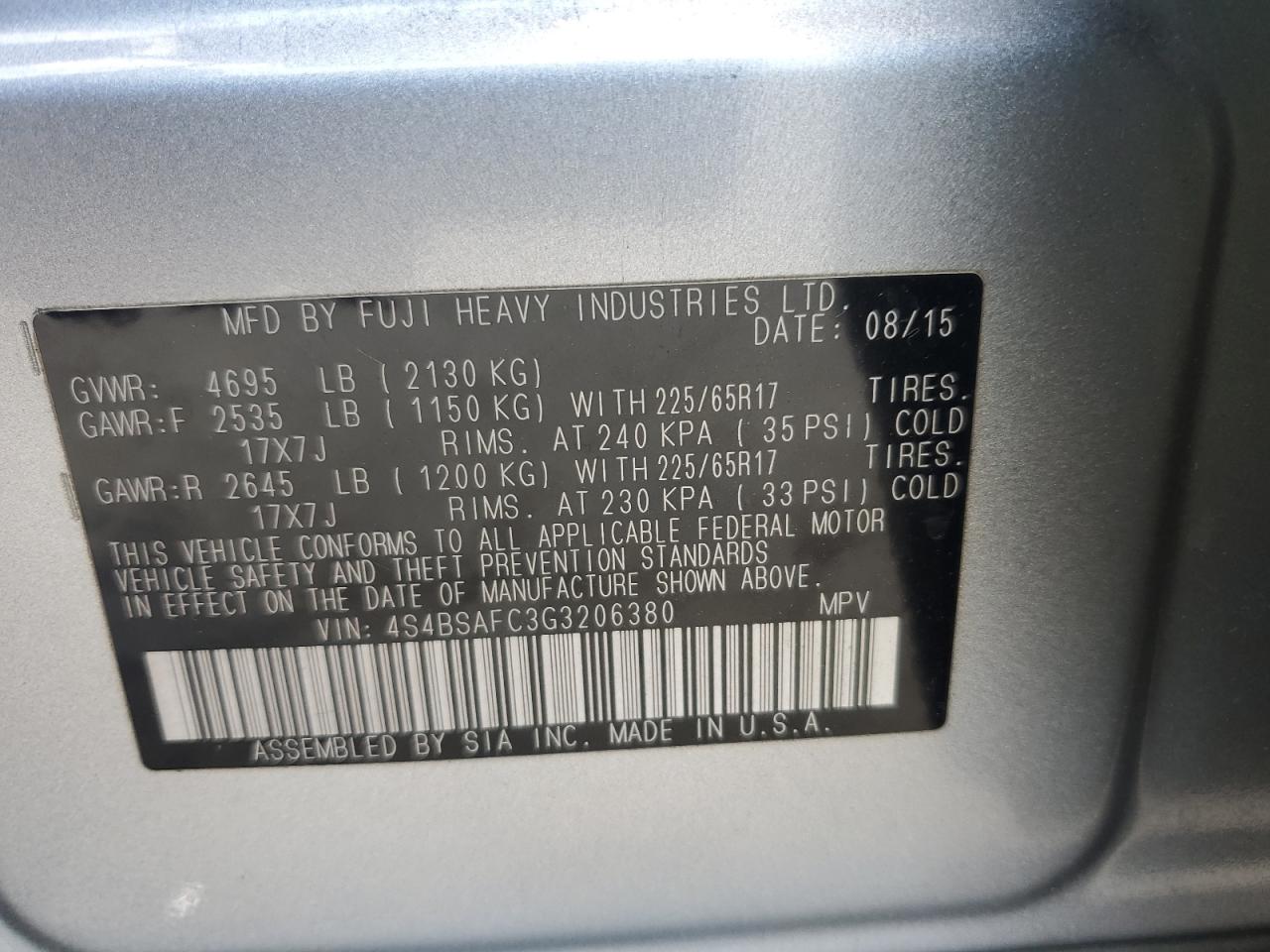 2016 Subaru Outback 2.5I Premium VIN: 4S4BSAFC3G3206380 Lot: 65649435