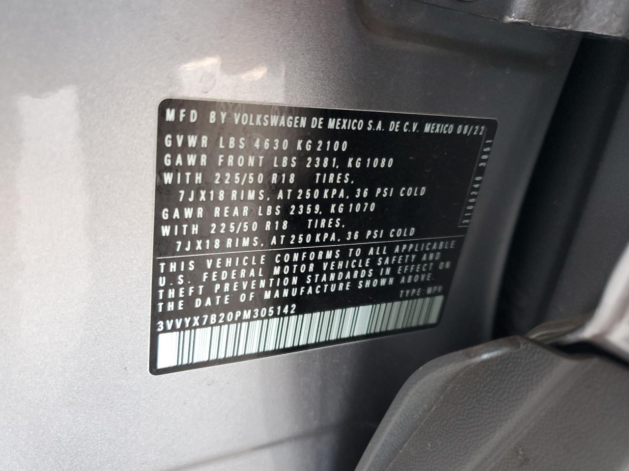 2023 Volkswagen Taos Se VIN: 3VVYX7B20PM305142 Lot: 65249485