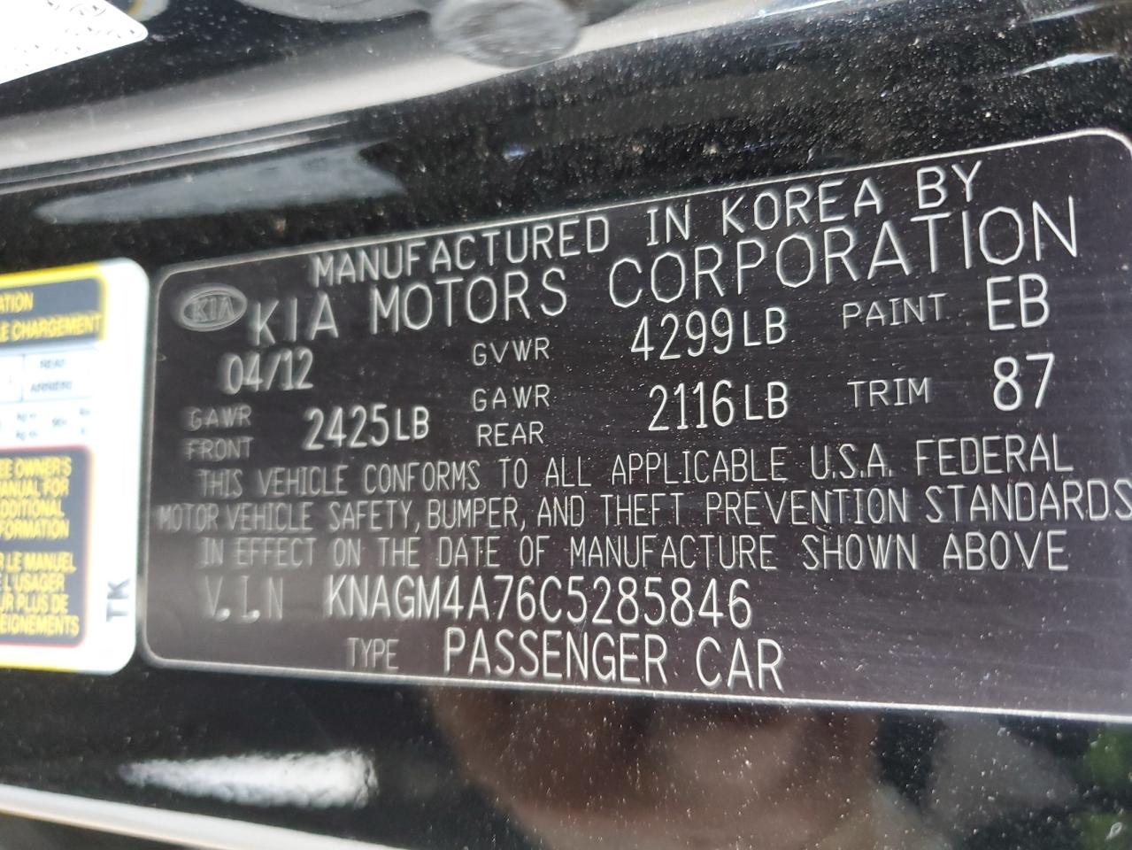 2012 Kia Optima Lx VIN: KNAGM4A76C5285846 Lot: 64146335