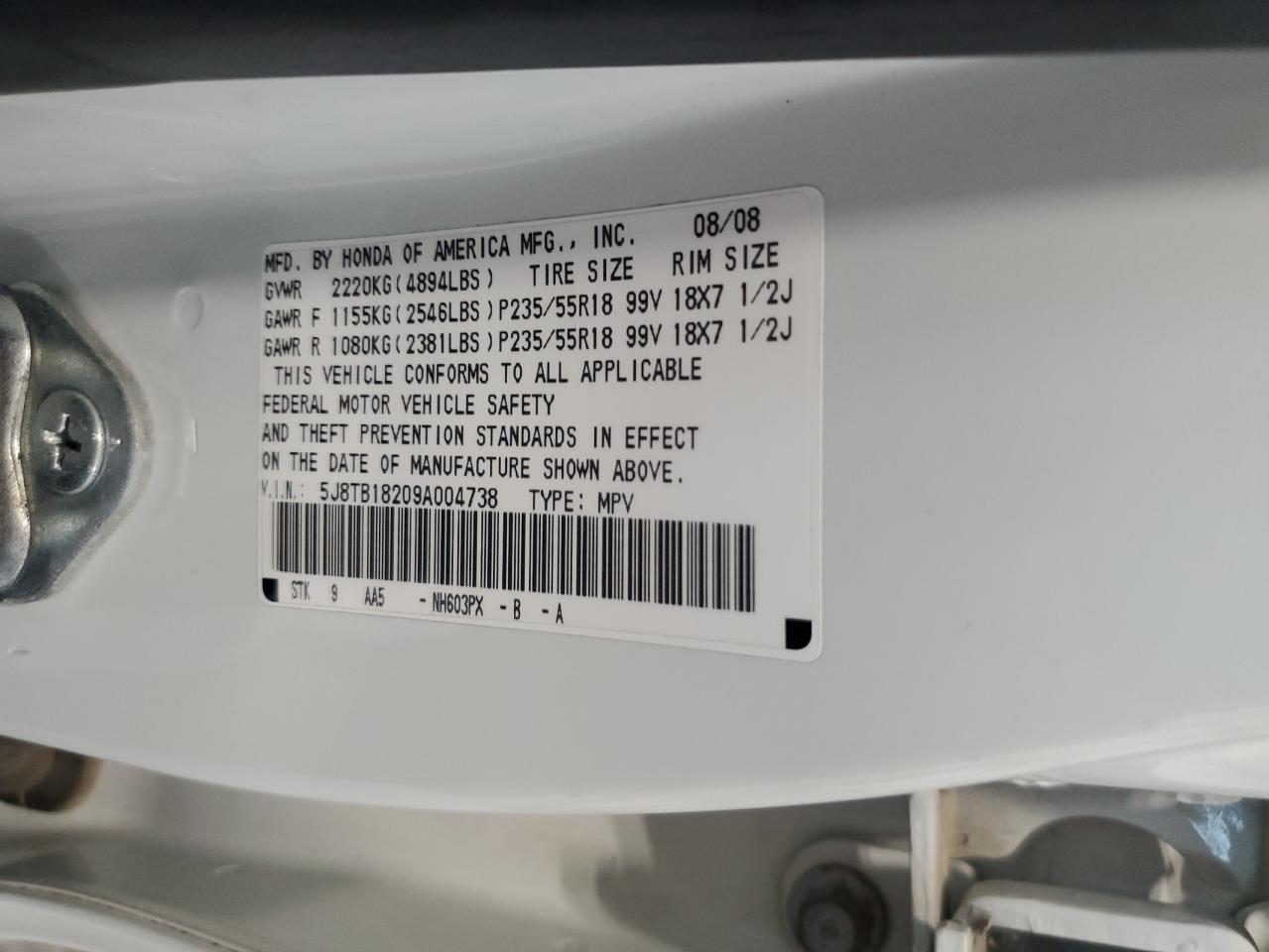 2009 Acura Rdx VIN: 5J8TB18209A004738 Lot: 66158775