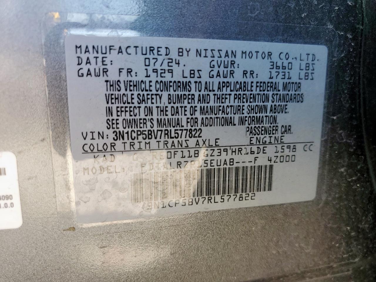 2024 Nissan Kicks S VIN: 3N1CP5BV7RL577822 Lot: 65121545