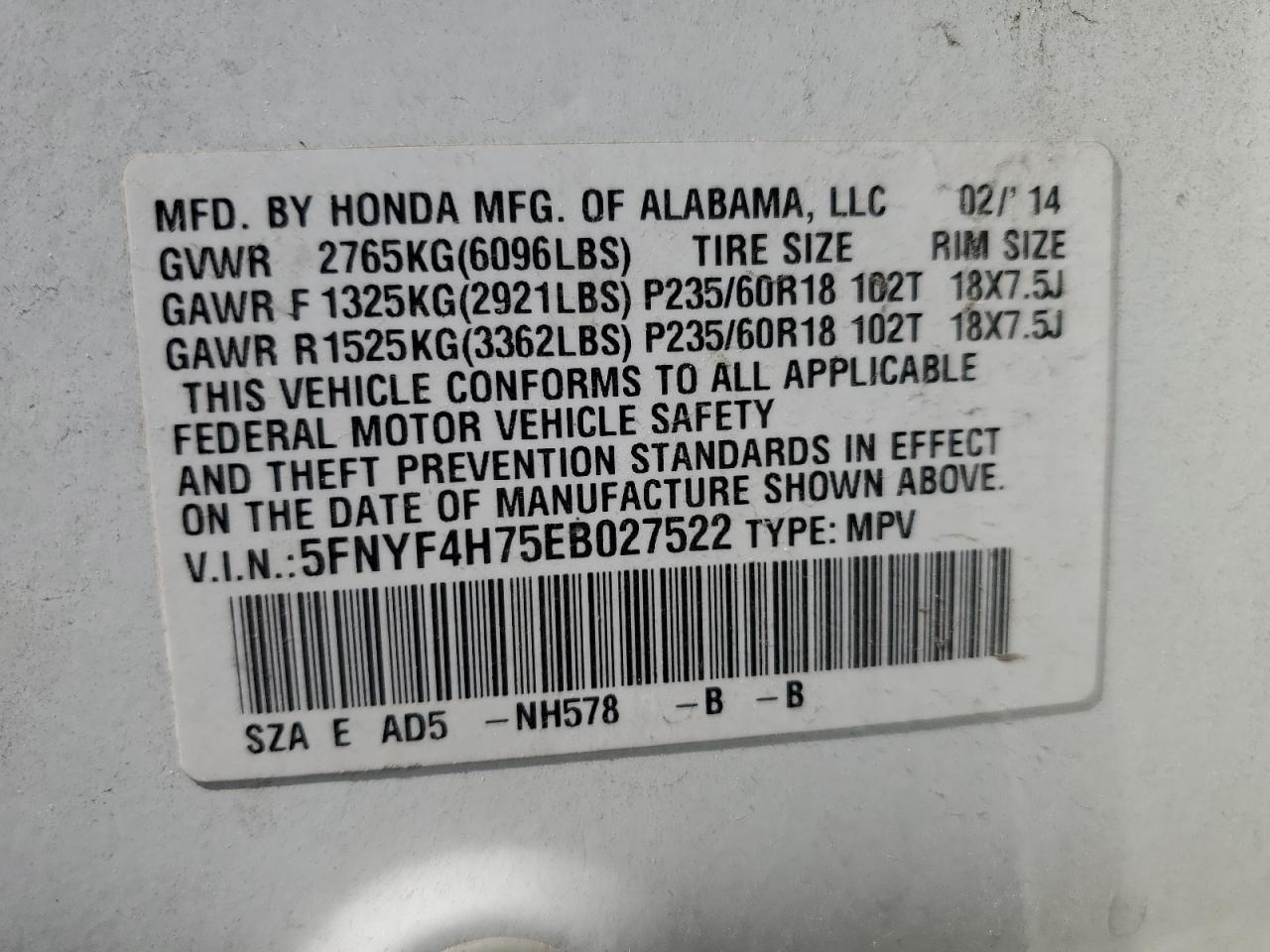 2014 Honda Pilot Exln VIN: 5FNYF4H75EB027522 Lot: 66383885