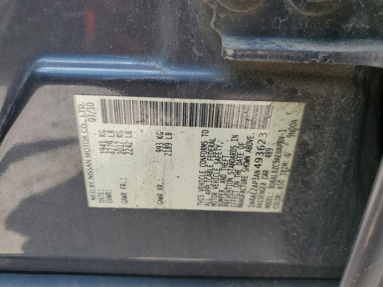 2010 Nissan Altima Base VIN: 1N4AL2AP3AN493623 Lot: 66206905