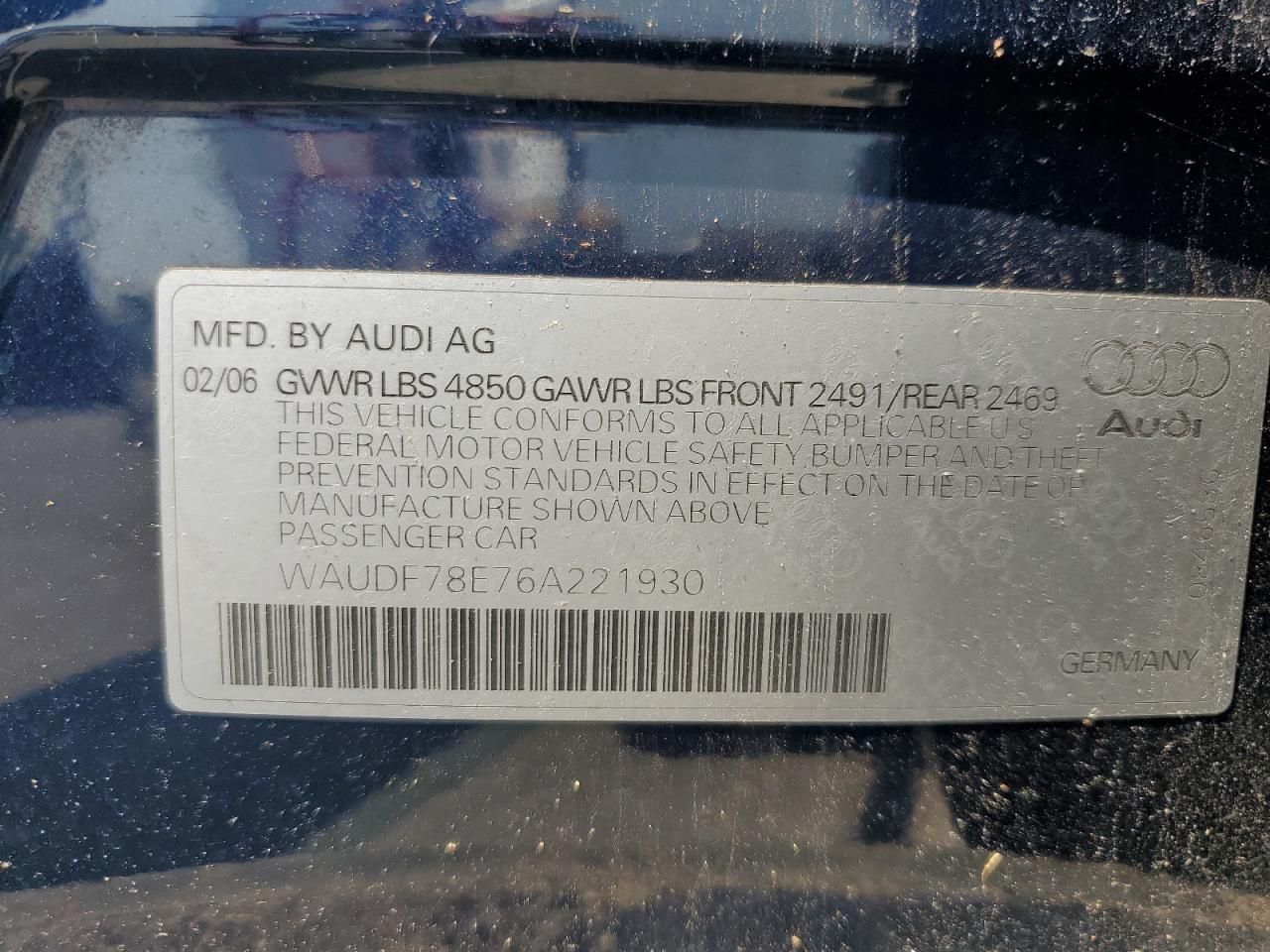 2006 Audi A4 2.0T Quattro VIN: WAUDF78E76A221930 Lot: 63191935