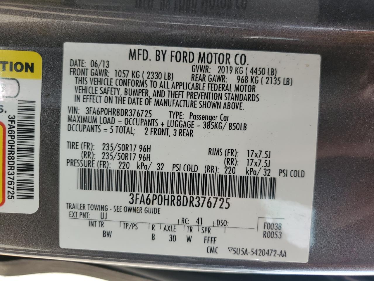 2013 Ford Fusion Se VIN: 3FA6P0HR8DR376725 Lot: 60931375