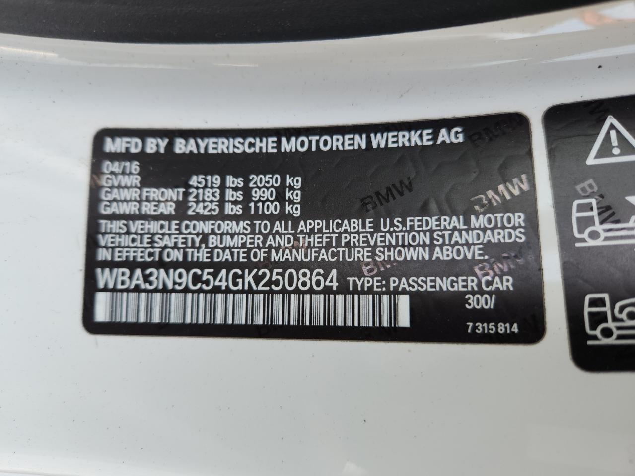 2016 BMW 428 Xi VIN: WBA3N9C54GK250864 Lot: 62649435