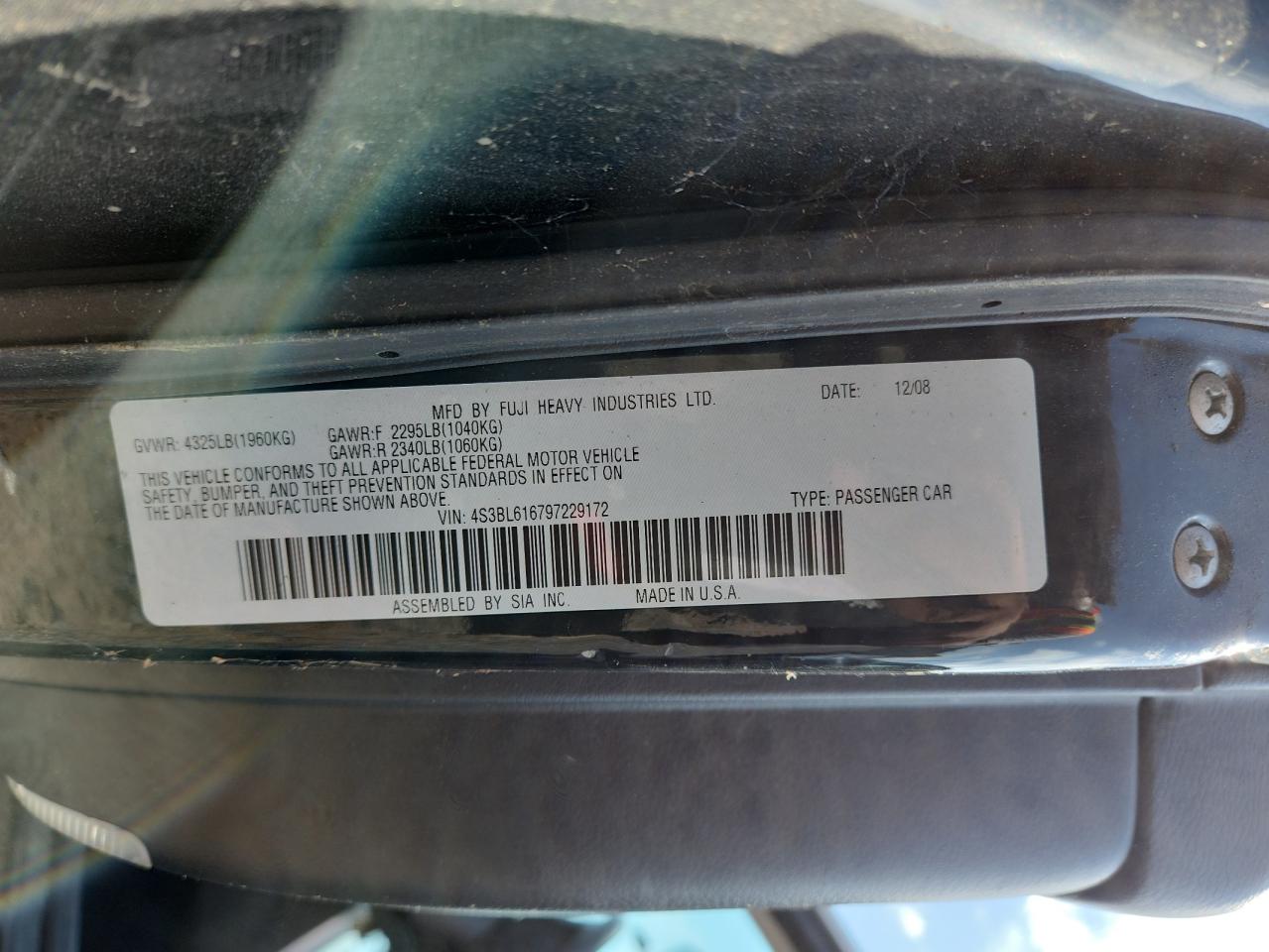 2009 Subaru Legacy 2.5I VIN: 4S3BL616797229172 Lot: 63583575