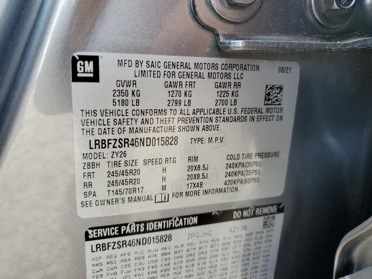 2022 Buick Envision Avenir VIN: LRBFZSR46ND015828 Lot: 63518925
