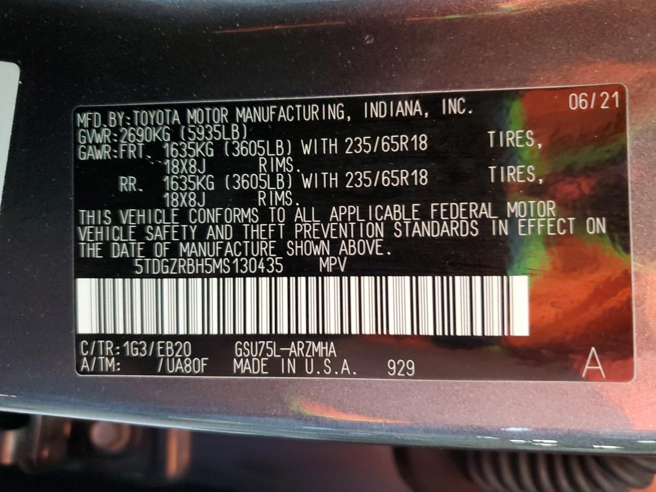 2021 Toyota Highlander Xle VIN: 5TDGZRBH5MS130435 Lot: 64399405