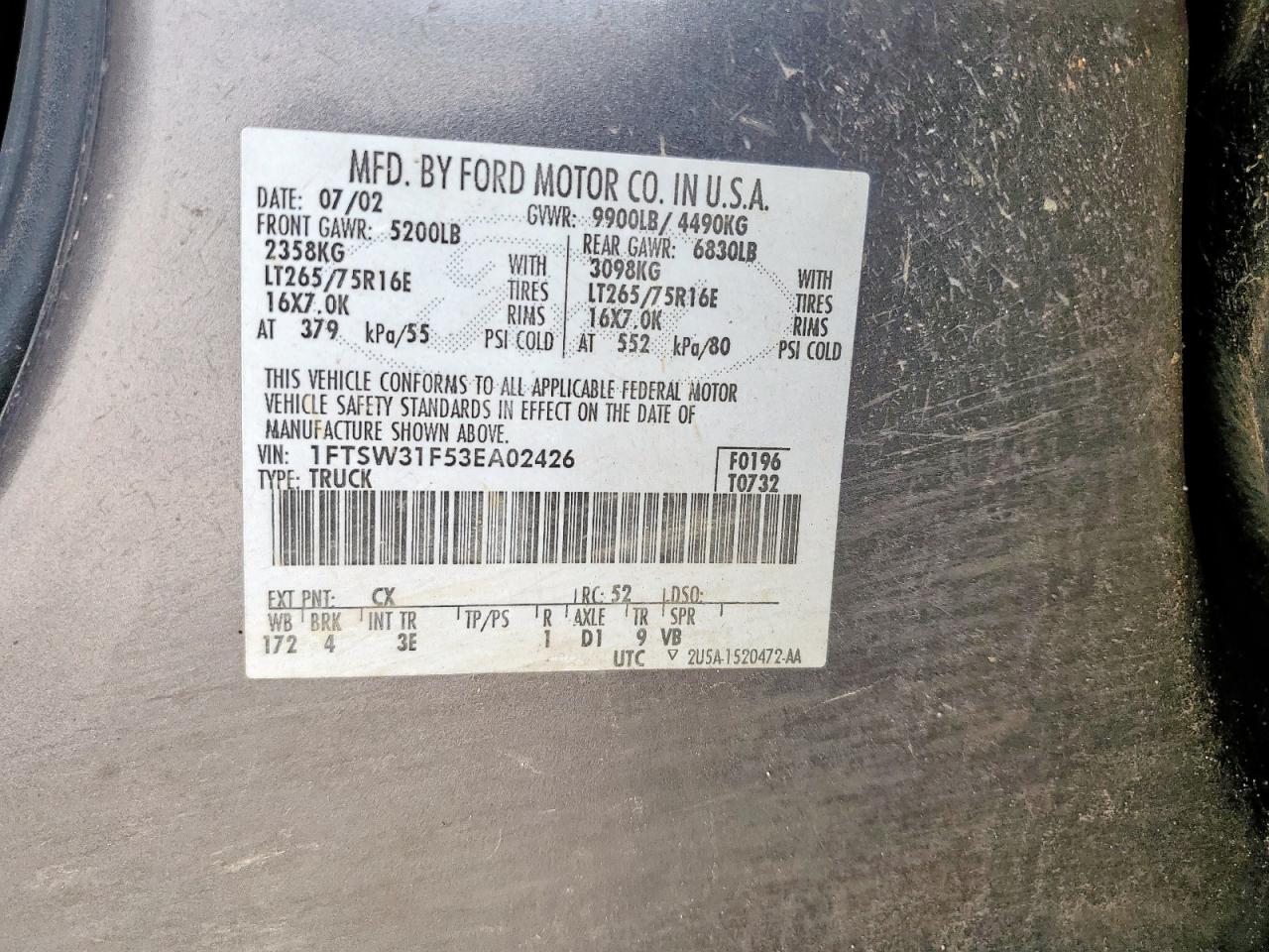 2003 Ford F350 Srw Super Duty VIN: 1FTSW31F53EA02426 Lot: 65251785