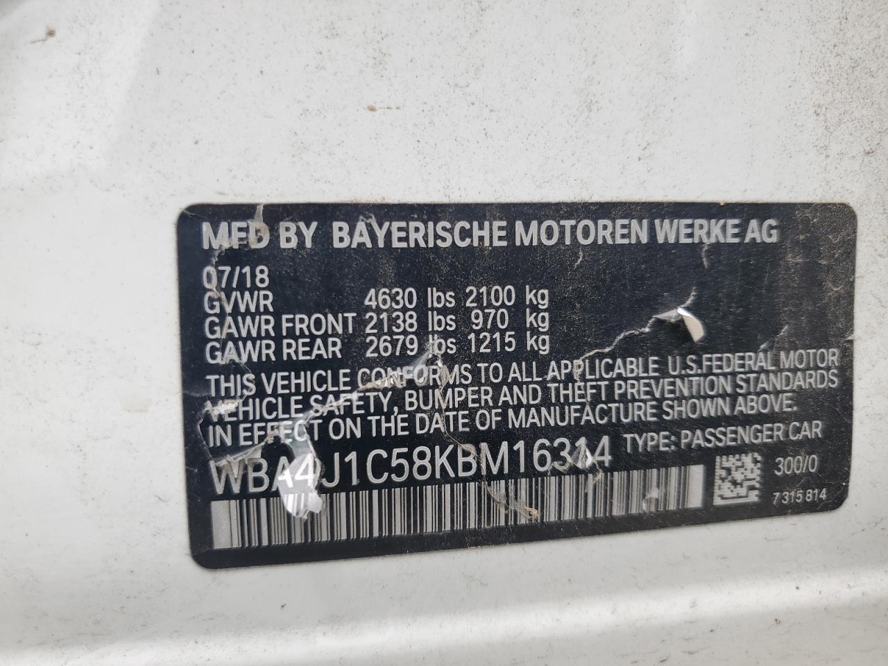 2019 BMW 430I Gran Coupe VIN: WBA4J1C58KBM16314 Lot: 62909715