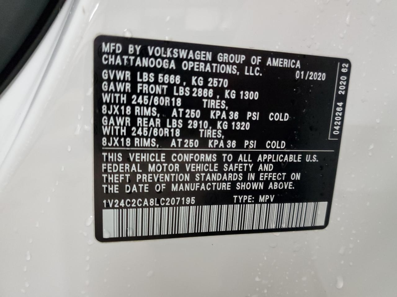 2020 Volkswagen Atlas Cross Sport Se VIN: 1V24C2CA8LC207195 Lot: 62994755