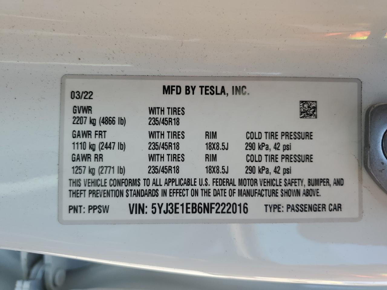 2022 Tesla Model 3 VIN: 5YJ3E1EB6NF222016 Lot: 64830005