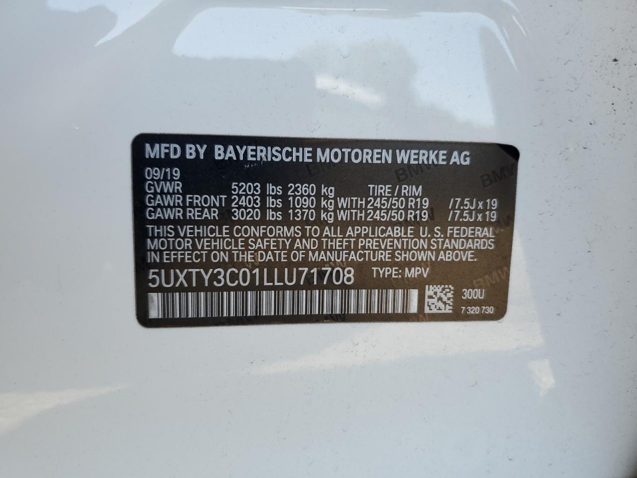 2020 BMW X3 Sdrive30I VIN: 5UXTY3C01LLU71708 Lot: 63823635
