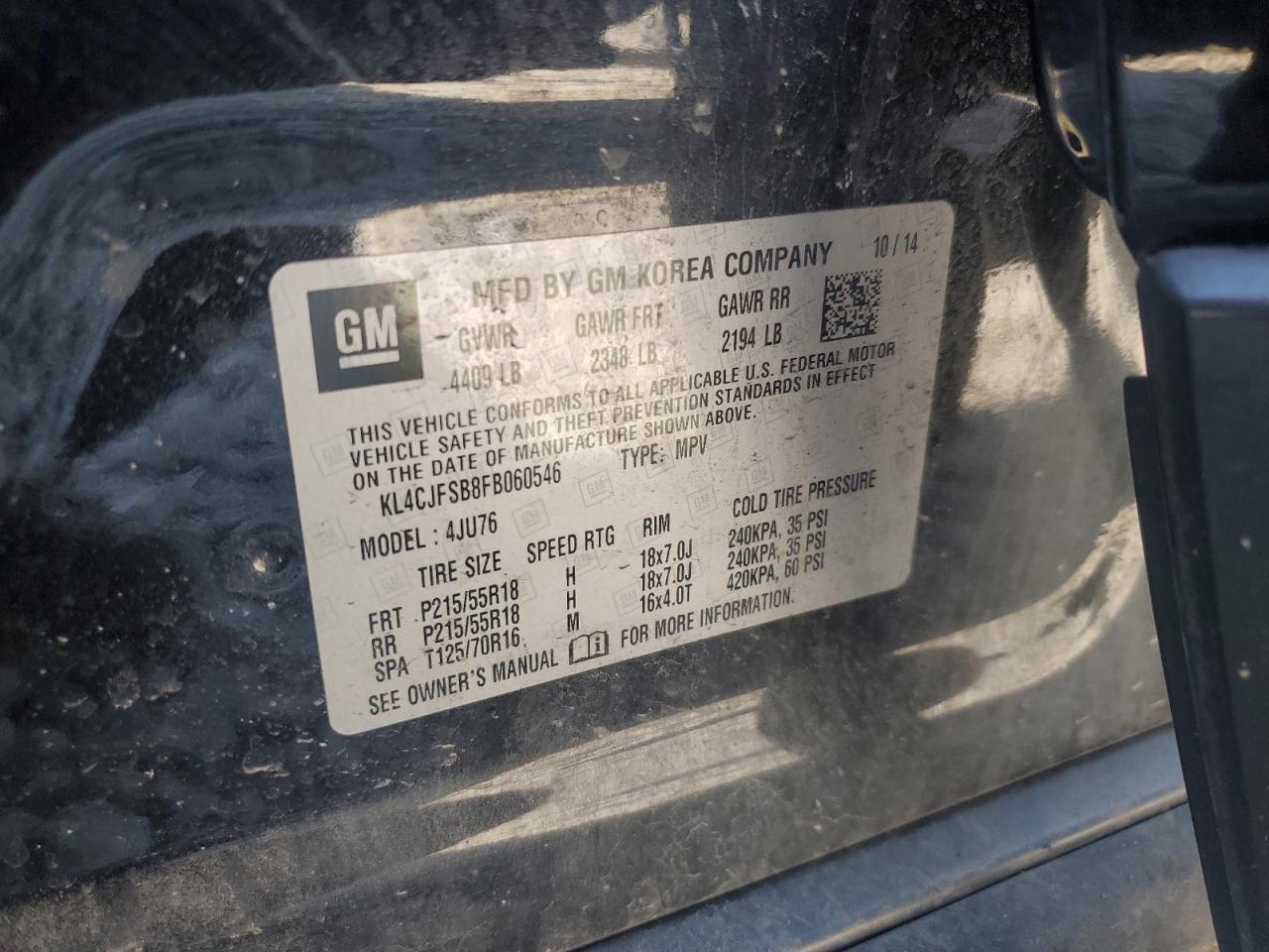2015 Buick Encore Convenience VIN: KL4CJFSB8FB060546 Lot: 62919935