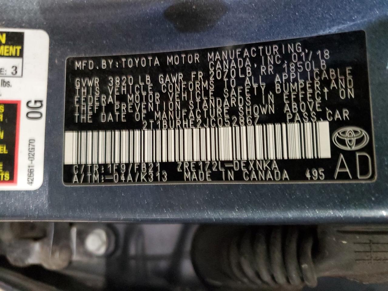 2018 Toyota Corolla L VIN: 2T1BURHE2JC052867 Lot: 63064785