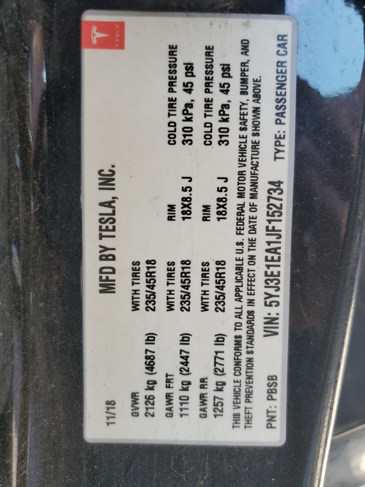 2018 Tesla Model 3 VIN: 5YJ3E1EA1JF152734 Lot: 65222035