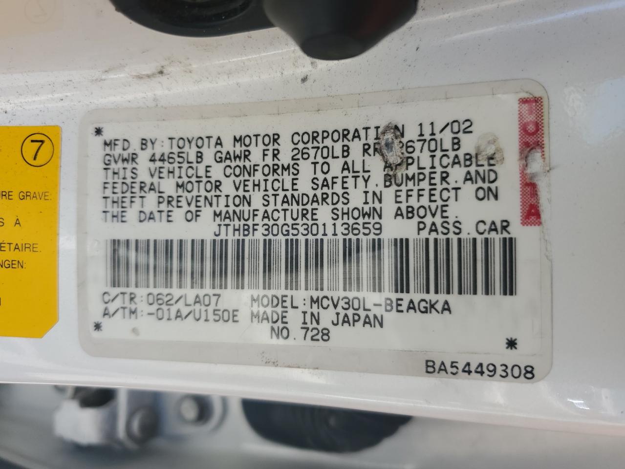 jthbf30g530113659 JTHBF30G530113659 2003 Lexus Es 300