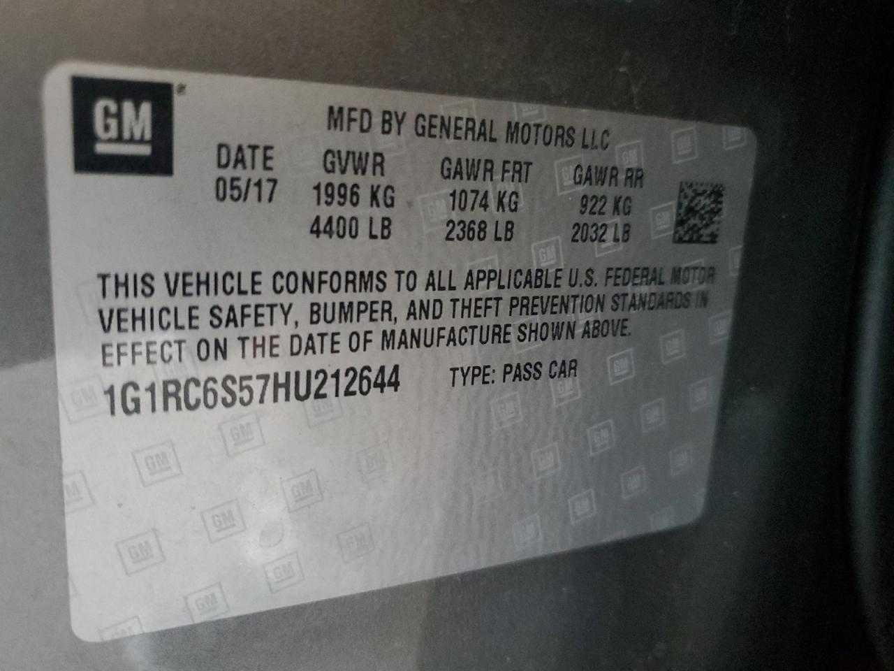 1g1rc6s57hu212644 1G1RC6S57HU212644 2017 Chevrolet Volt Lt