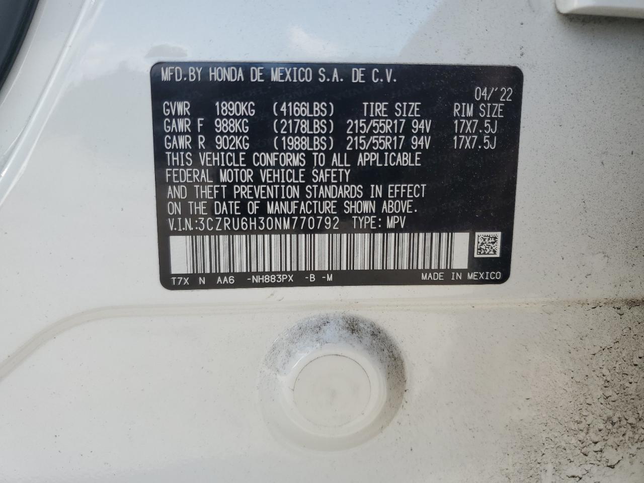 2022 Honda Hr-V Lx VIN: 3CZRU6H30NM770792 Lot: 64933685