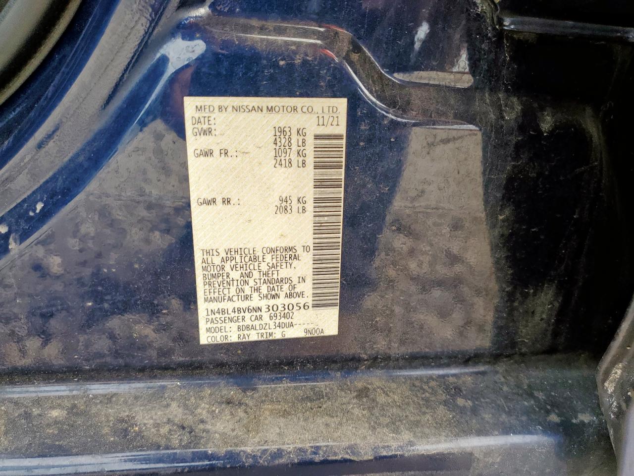 2022 Nissan Altima S VIN: 1N4BL4BV6NN303056 Lot: 64814285