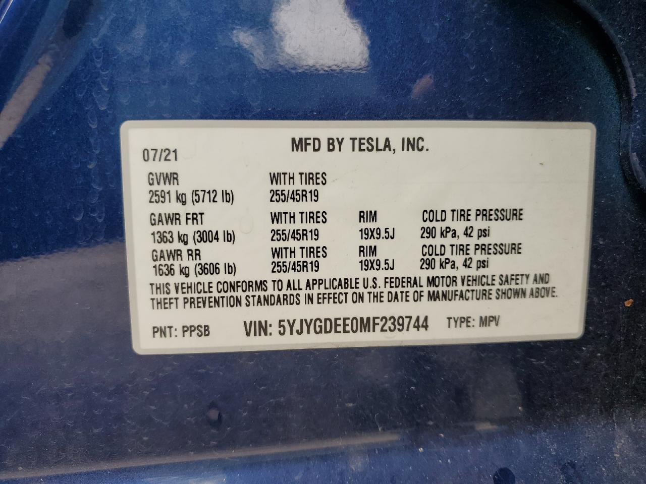 2021 Tesla Model Y VIN: 5YJYGDEE0MF239744 Lot: 64479375