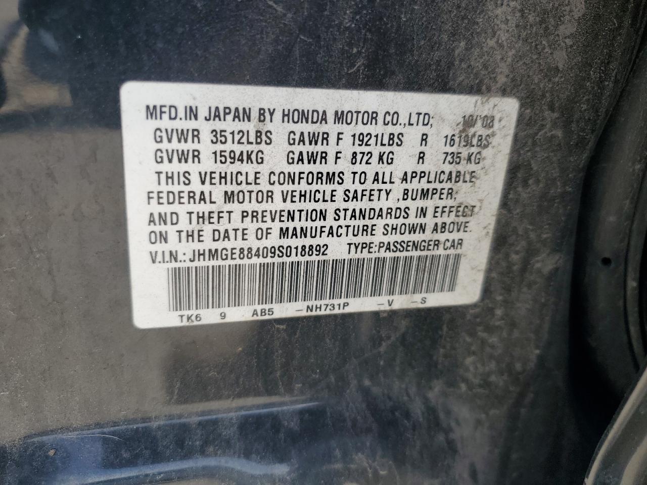 2009 Honda Fit Sport VIN: JHMGE88409S018892 Lot: 64300845