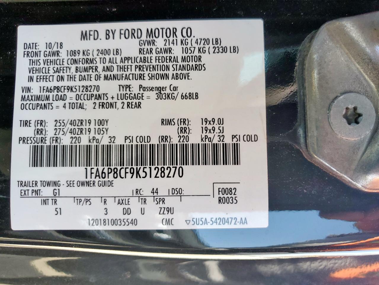 2019 Ford Mustang Gt VIN: 1FA6P8CF9K5128270 Lot: 62564895