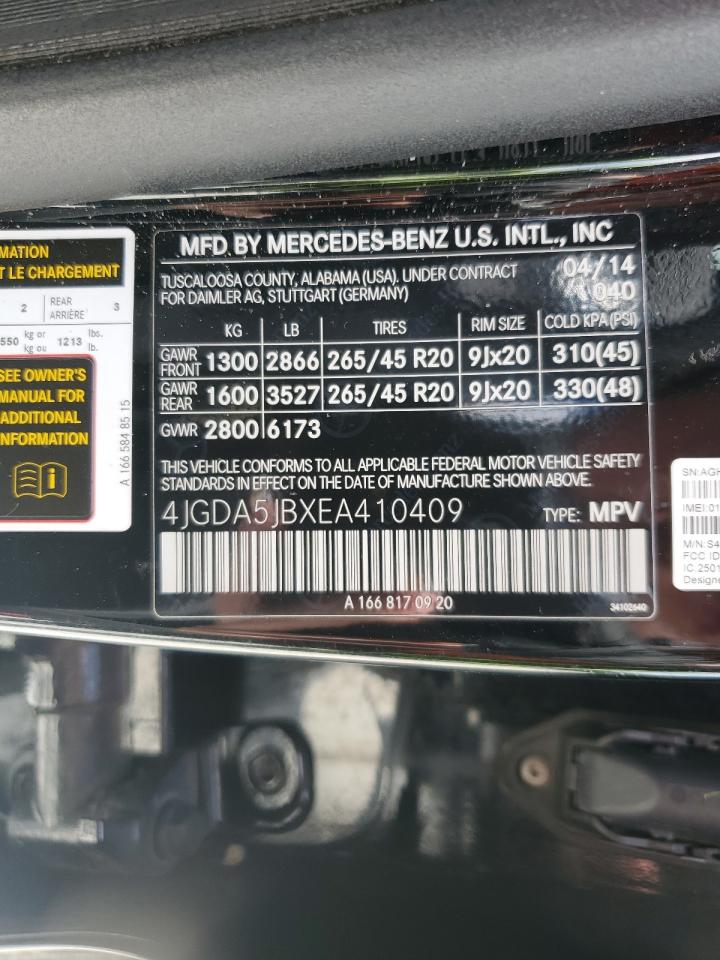 2014 Mercedes-Benz Ml 350 VIN: 4JGDA5JBXEA410409 Lot: 63311535
