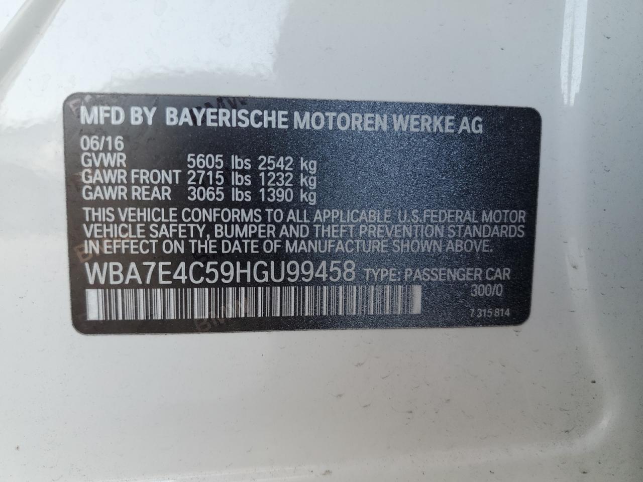 2017 BMW 740 Xi VIN: WBA7E4C59HGU99458 Lot: 65413575