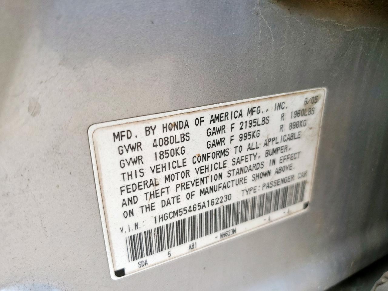 2005 Honda Accord Lx VIN: 1HGCM55465A162230 Lot: 64609945