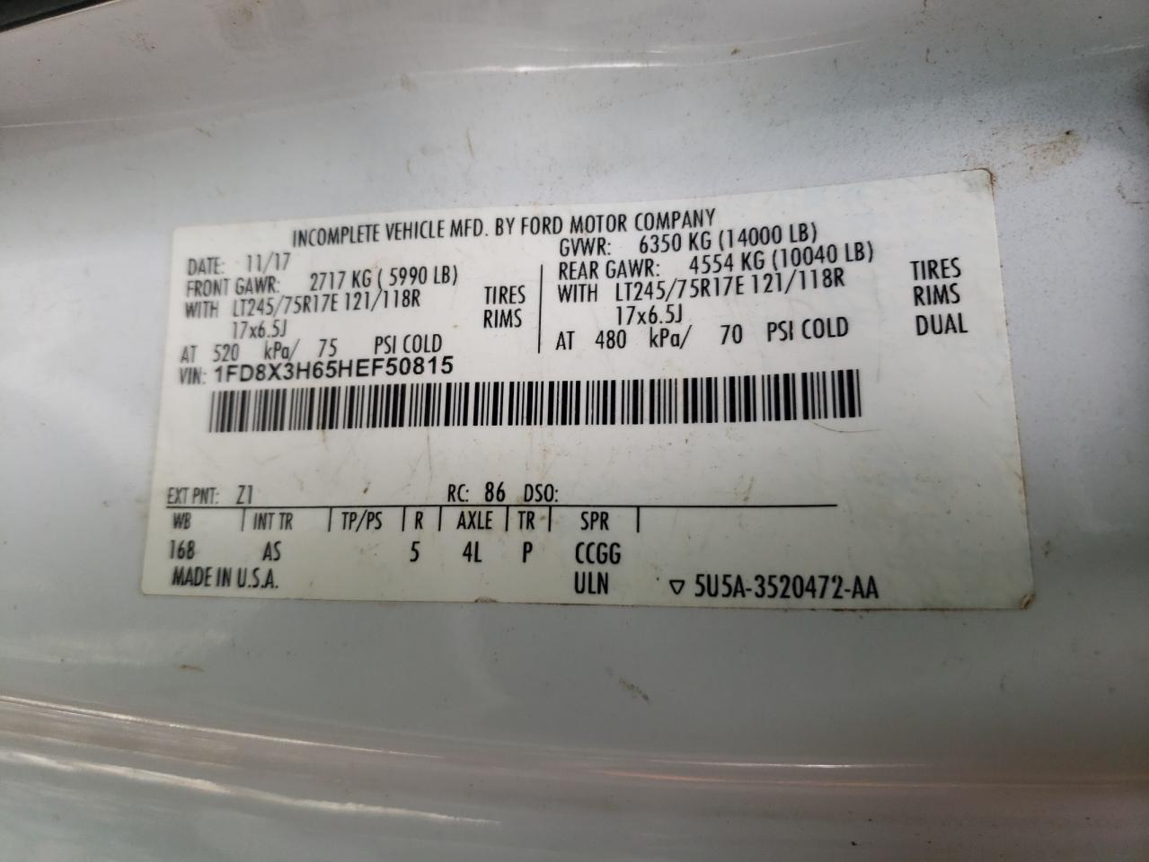 2017 Ford F350 Super Duty VIN: 1FD8X3H65HEF50815 Lot: 64180685