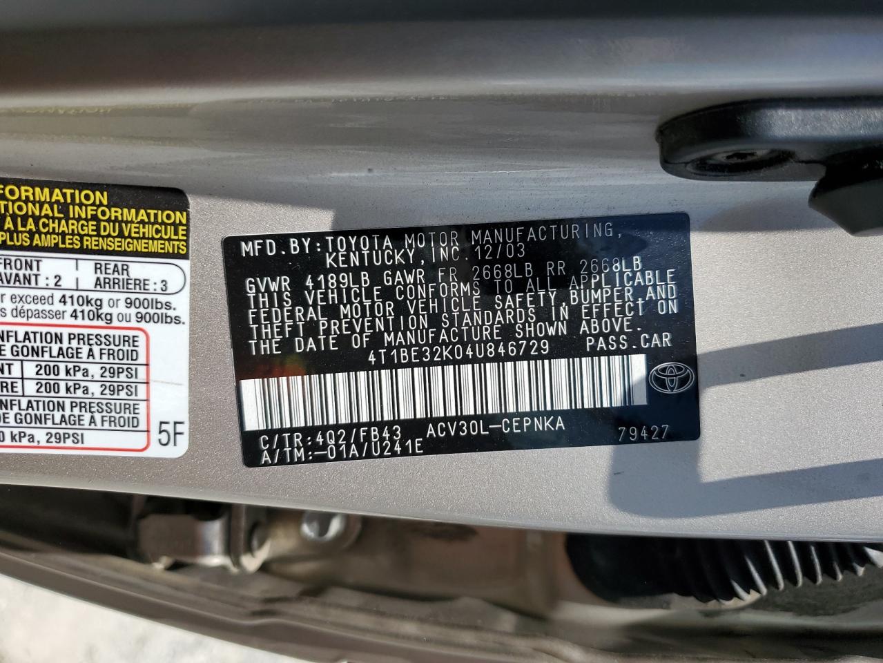 2004 Toyota Camry Le VIN: 4T1BE32K04U846729 Lot: 64983695