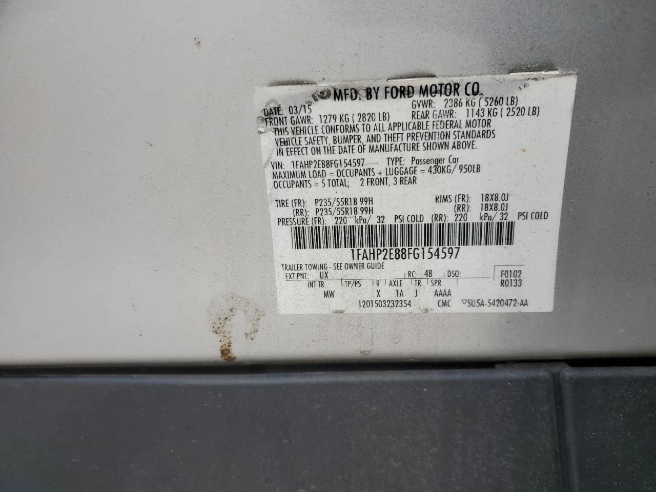 2015 Ford Taurus Sel VIN: 1FAHP2E88FG154597 Lot: 64657895