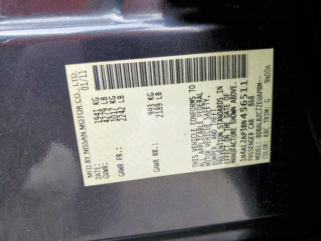 2011 Nissan Altima Base VIN: 1N4AL2AP3BN456511 Lot: 64743855