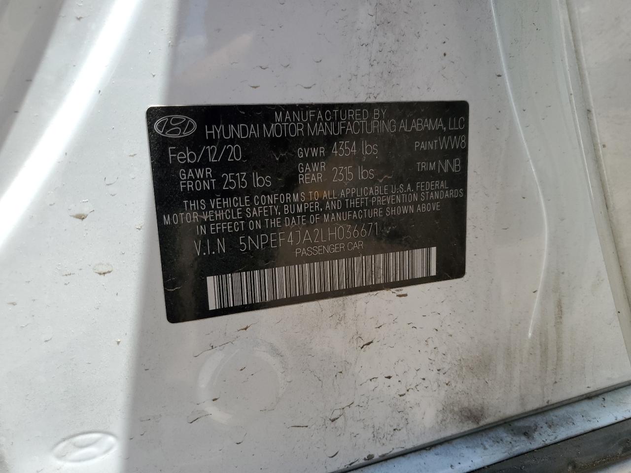 2020 Hyundai Sonata Sel VIN: 5NPEF4JA2LH036671 Lot: 63102825