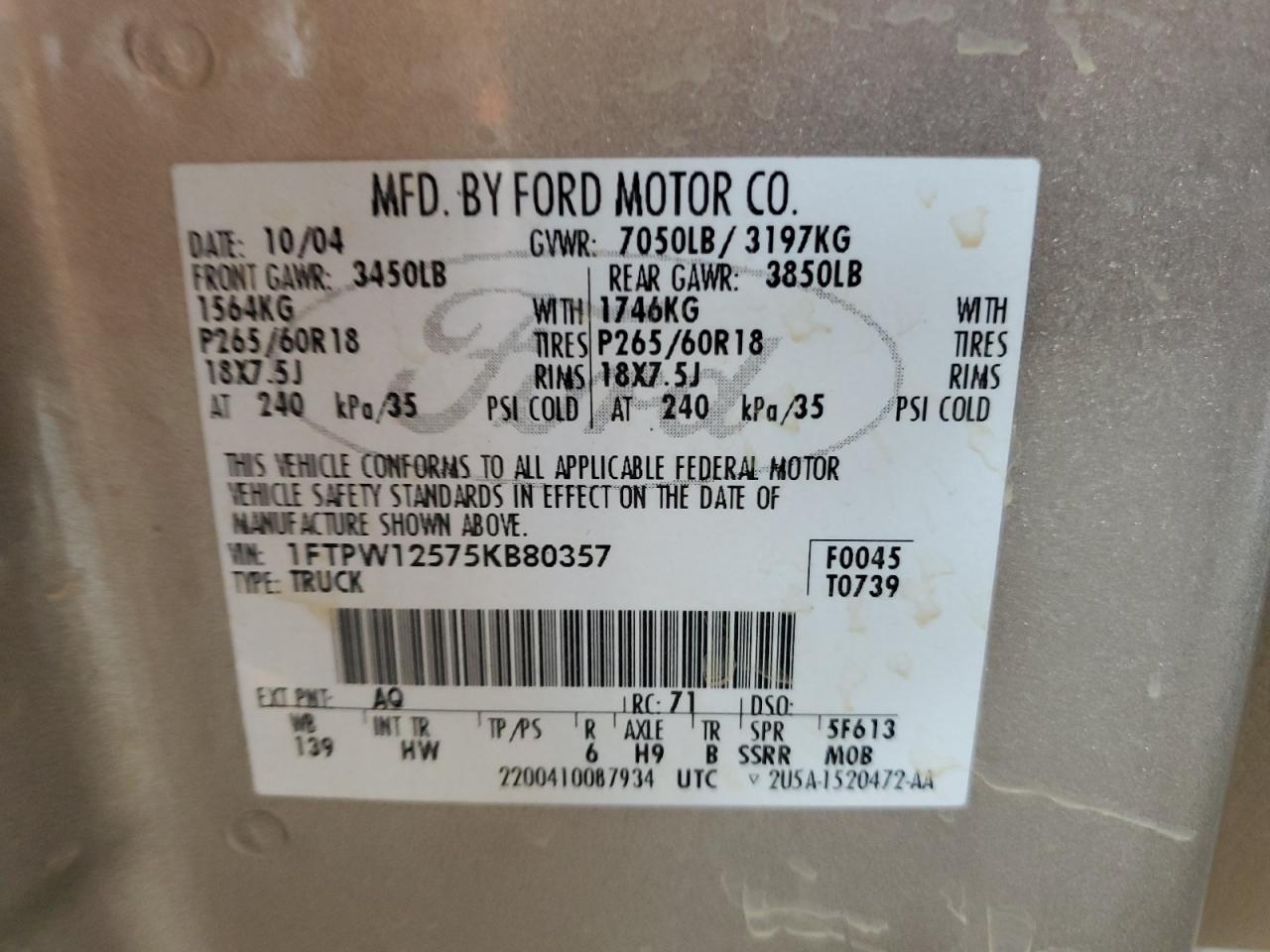 2005 Ford F150 Supercrew VIN: 1FTPW12575KB80357 Lot: 65296035