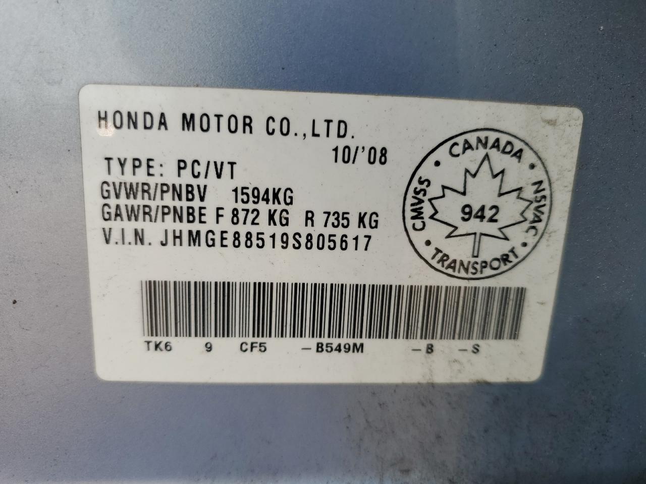 2009 Honda Fit Lx VIN: JHMGE88519S805617 Lot: 64778225