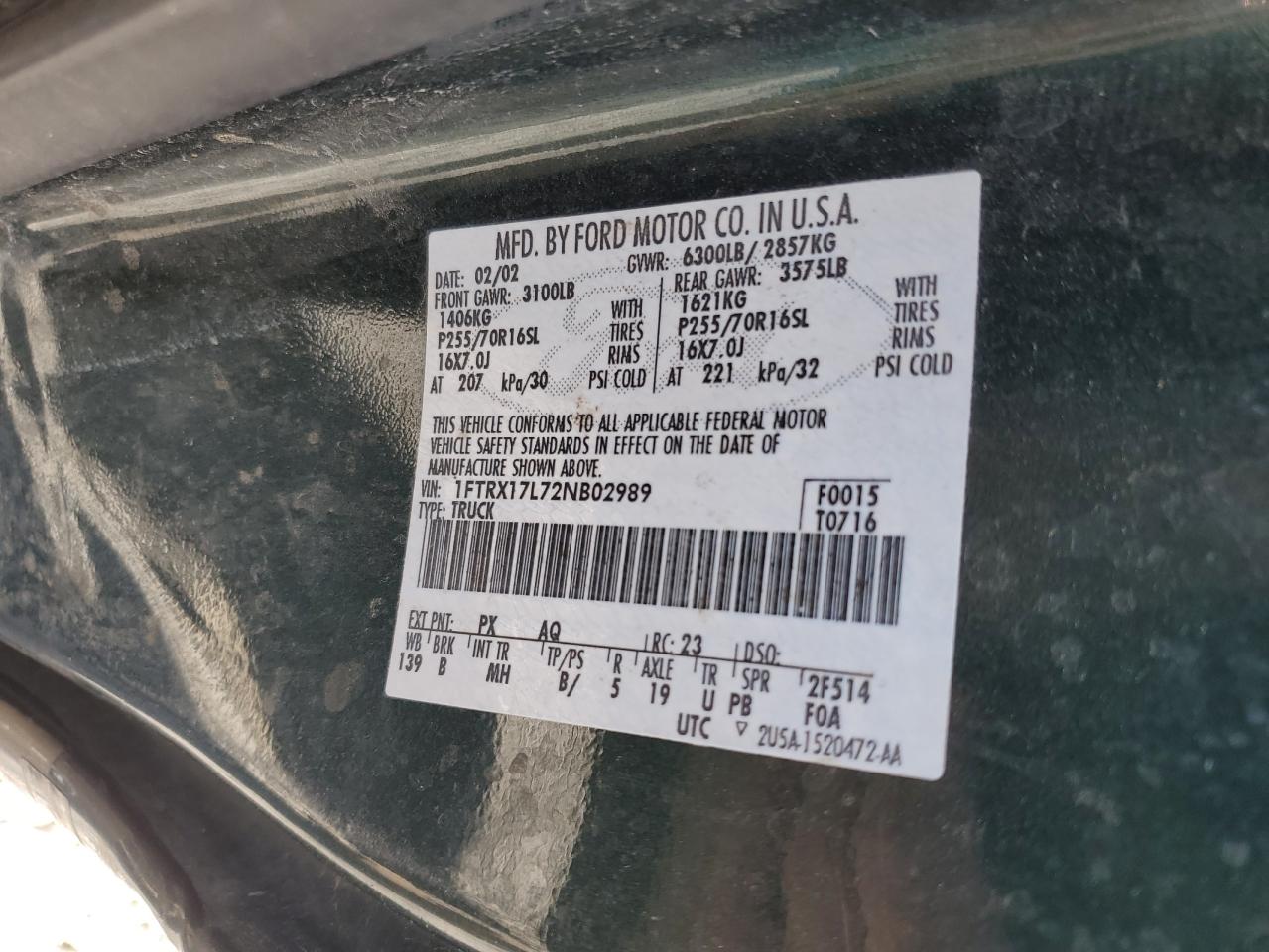 2002 Ford F150 VIN: 1FTRX17L72NB02989 Lot: 63262765