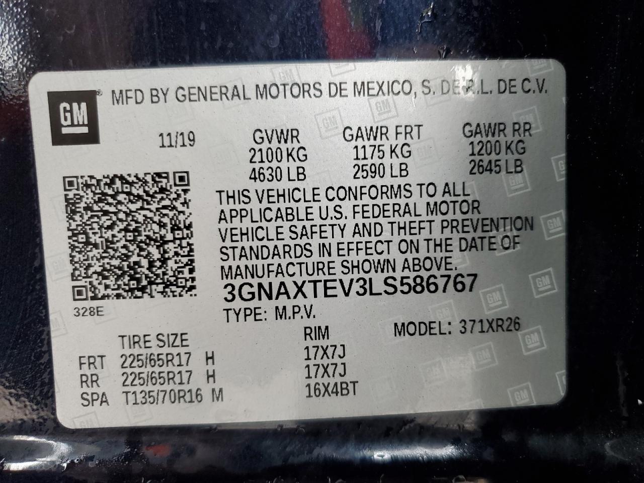 2020 Chevrolet Equinox Lt VIN: 3GNAXTEV3LS586767 Lot: 64687675