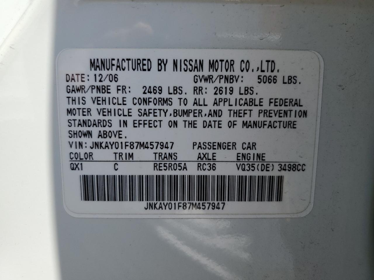2007 Infiniti M35 Base VIN: JNKAY01F87M457947 Lot: 64019455