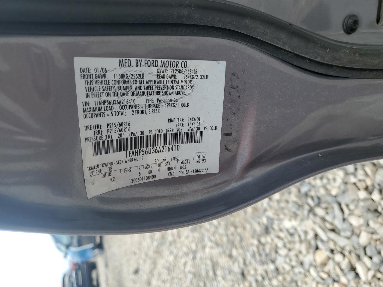 2006 Ford Taurus Sel VIN: 1FAHP56U36A216410 Lot: 62866485