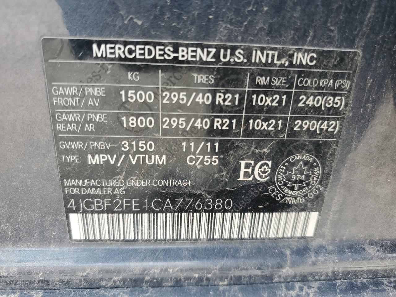 2012 Mercedes-Benz Gl 350 Bluetec VIN: 4JGBF2FE1CA776380 Lot: 63320485