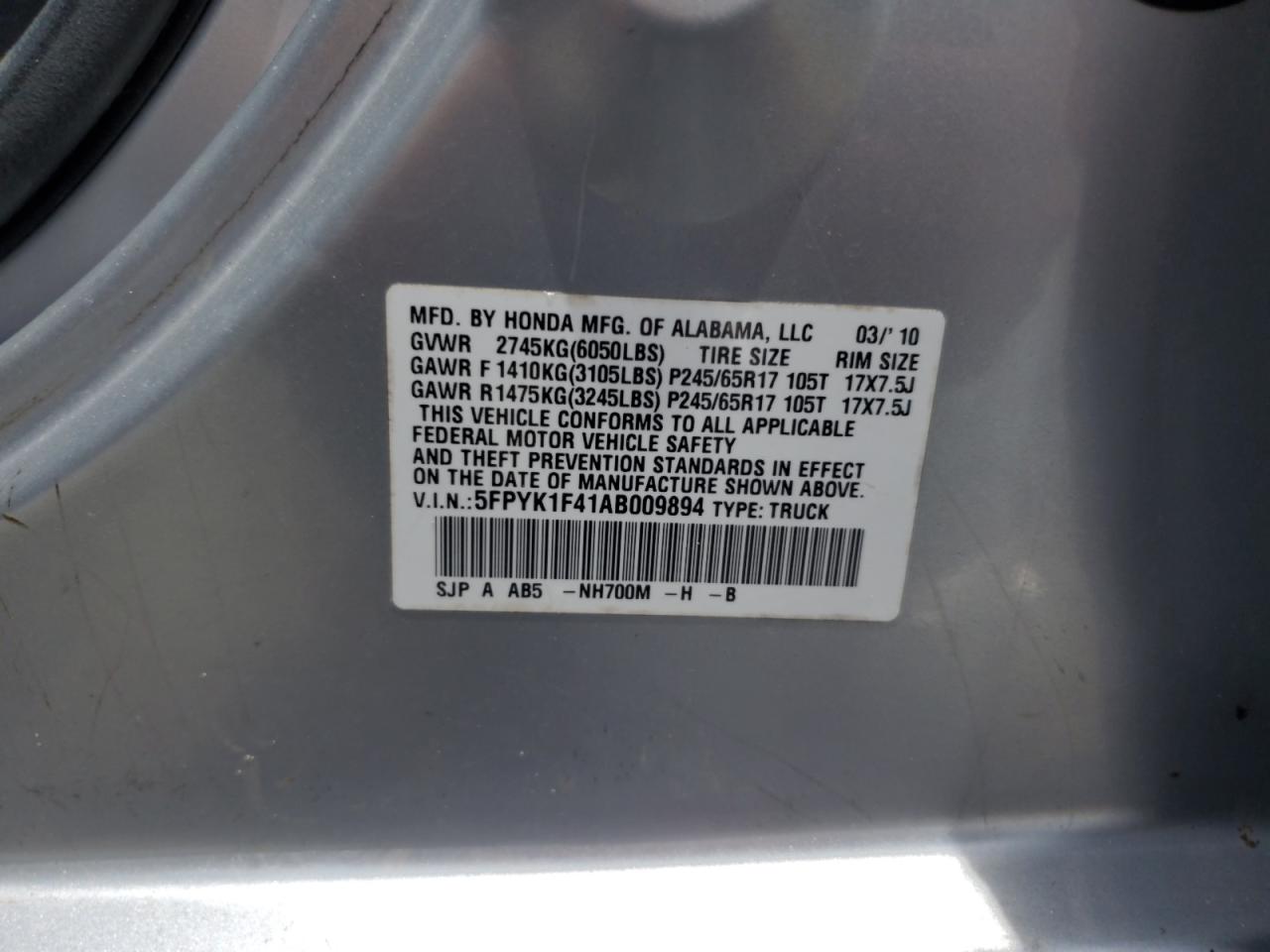 2010 Honda Ridgeline Rts VIN: 5FPYK1F41AB009894 Lot: 64416225