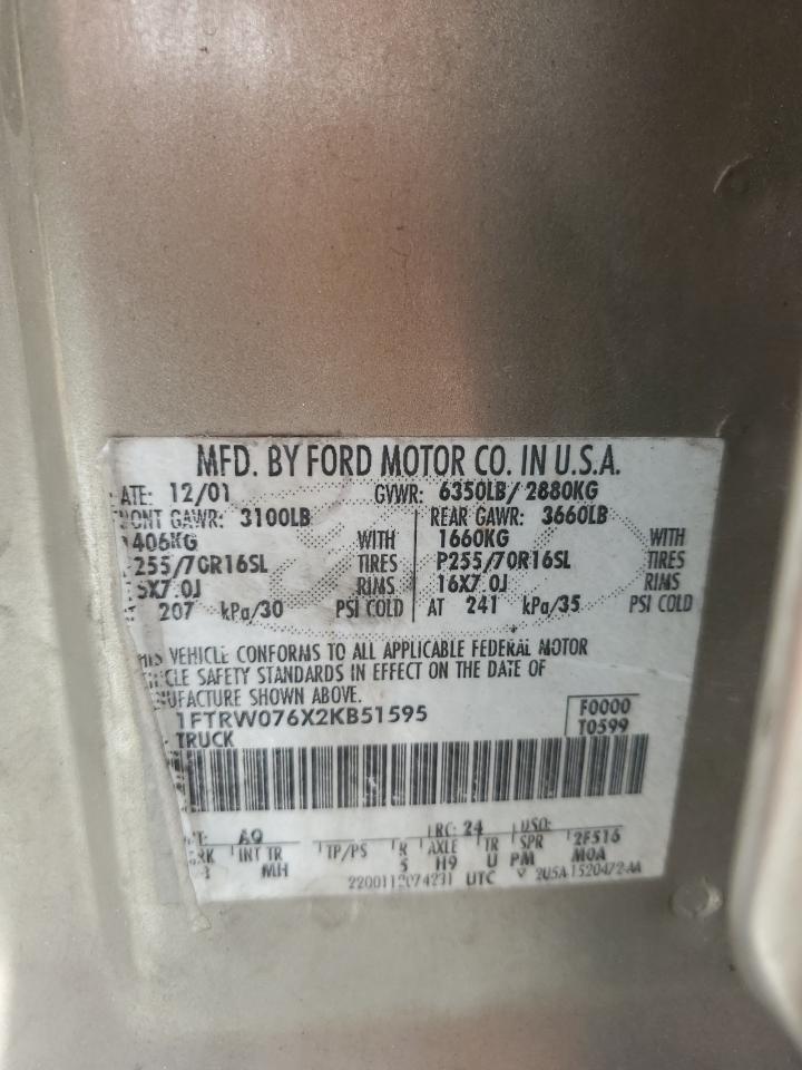 1FTRW076X2KB51595 2002 Ford F150 Supercrew