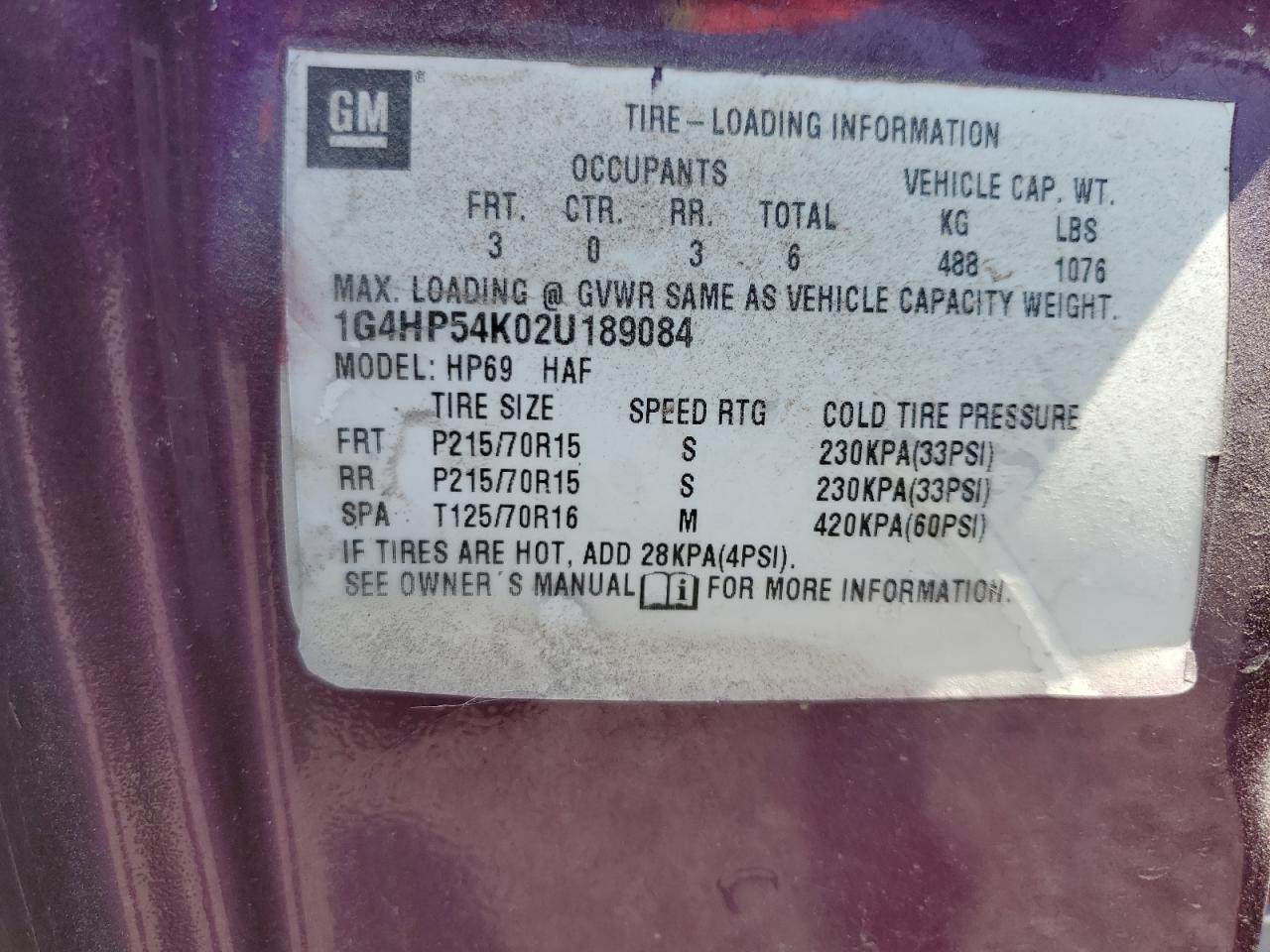 2002 Buick Lesabre Custom VIN: 1G4HP54K02U189084 Lot: 66954615