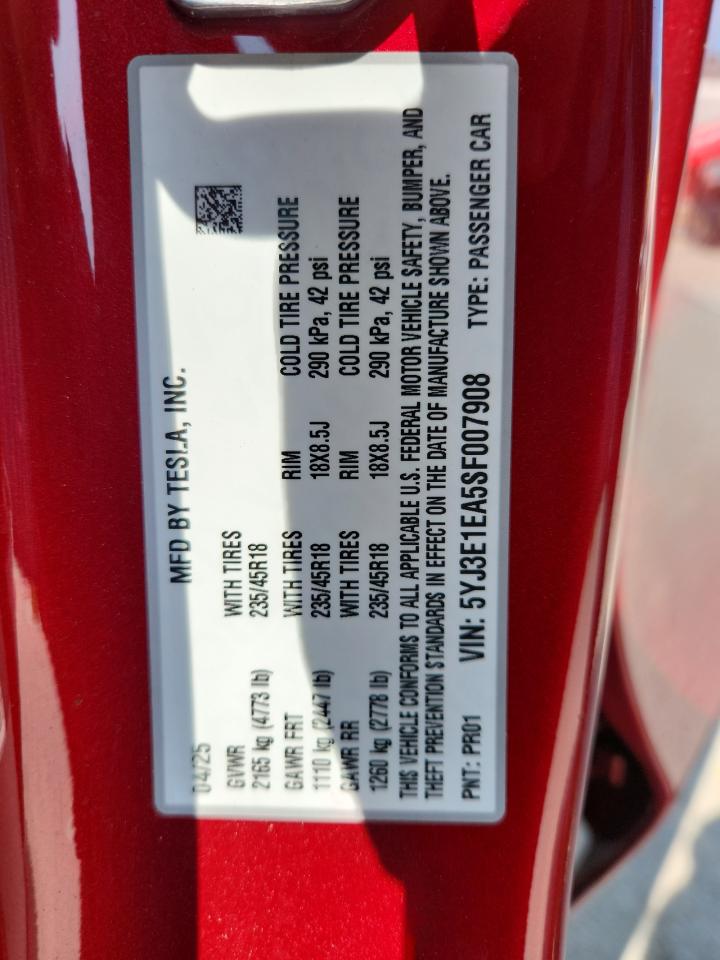2025 Tesla Model 3 VIN: 5YJ3E1EA5SF007908 Lot: 63615025