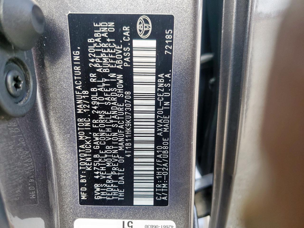 2019 Toyota Camry L VIN: 4T1B11HK9KU730708 Lot: 64956835