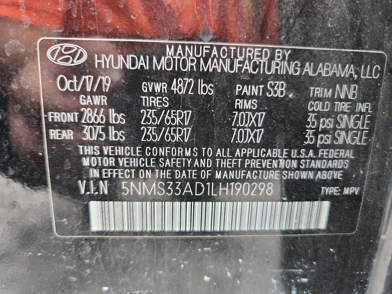 2020 Hyundai Santa Fe Sel VIN: 5NMS33AD1LH190298 Lot: 63395075